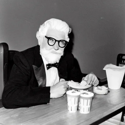 Image similar to An old vintage photograph of Colonel Sanders eating at McDonalds, 4k, highly detailed, photorealistic