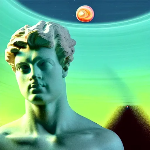Image similar to 3 d sci - fi cgartist double exposure rendering of a hyper realistic marble greek statuary bust floating in space, at the vast pulsating interdimensional fractal space portal at the psychedelic vaporwave ombre event horizon by chris moore, by edward hopper, by col price, trending on artstation