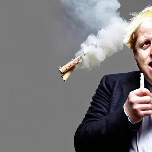 Image similar to medium shot photo of Boris Johnson with a joint in his mouth with smoke coming out, 4k, ultra HD