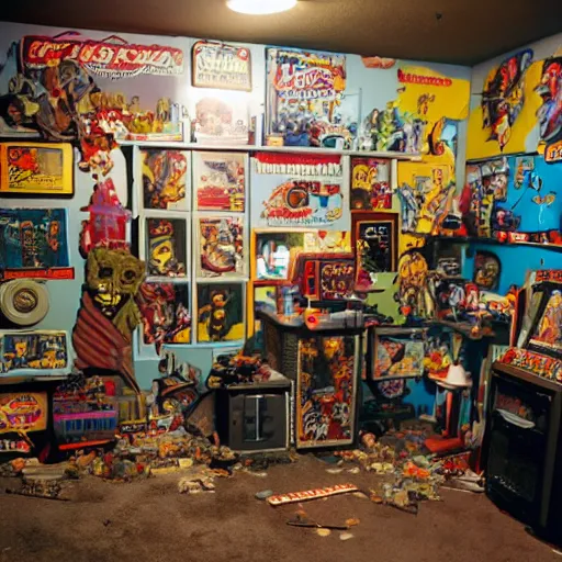 Prompt: Mancave full of 80s toys games and wall posters Stuffy atmosphere, shadows, vintage, highly detailed, abandoned,