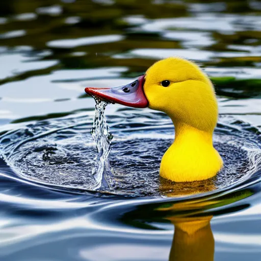 Image similar to Photo of a yellow duck drinking water from a pond with a fish flying over it, realistic