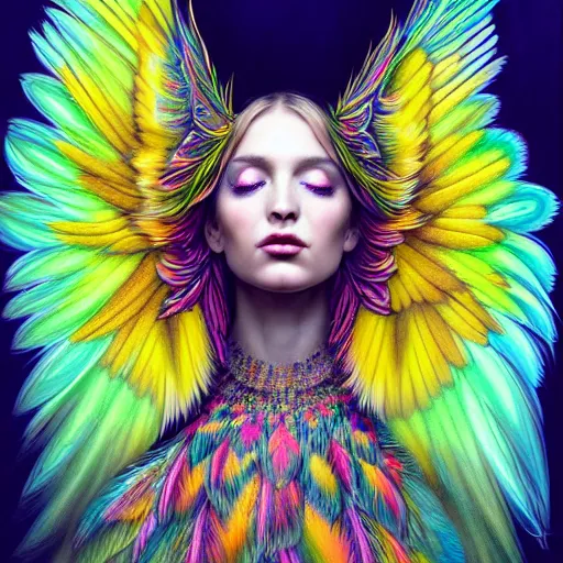 Image similar to extremely psychedelic portrait of a girl transforming into a feathered bird, covered in feathers, wings, flying, surreal, fantasy, intricate, elegant, dramatic lighting, emotional, symbolic metaphor, highly detailed, lifelike, photorealistic, digital painting, artstation, concept art, smooth, sharp focus, illustration, art by John Collier and Krenz Cushart and Artem Demura and Alphonse Mucha and Albert Aublet