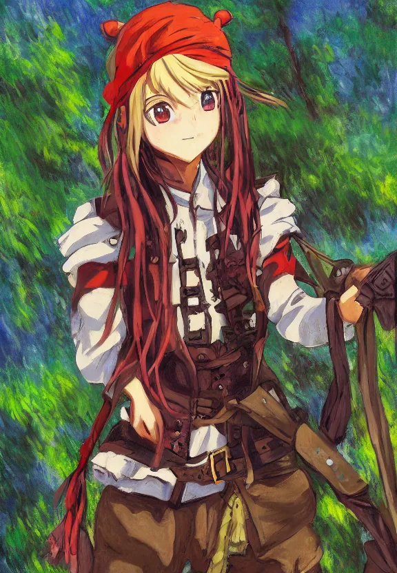 Prompt: wide angle painting of a teenage pirate girl, a thrifty uniform, somewhat of an anime in impressionist style, fantasy forest background, trending artwork, illustrated in anime painter studio, by claude monet and an anime artist, collaboration