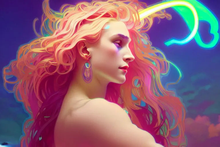 Image similar to wide angle shot of a beautiful neon radiant unicorn, alphonse mucha, rhads, ross tran, artstation, artgem, octane render, 1 6 k