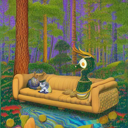 Image similar to psychedelic couch sofa in the pine forest, goose, milky way, designed by moebius, rob gonsalves, gustav dore, giuseppe arcimboldo and carl barks, louis wain, trending on artstation, canada, star, sharp focus, colorful refracted sparkles and lines, soft light, 8 k 4 k