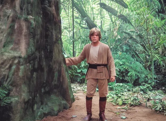 Image similar to Luke Skywalker at the new jedi temple school, in the jungle. Photographed with Leica Summilux-M 24 mm lens, detailed photorealistic face, ISO 100, f/8, Portra 400