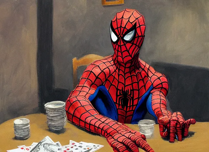 Prompt: a highly detailed beautiful portrait of spiderman playing poker, by gregory manchess, james gurney, james jean