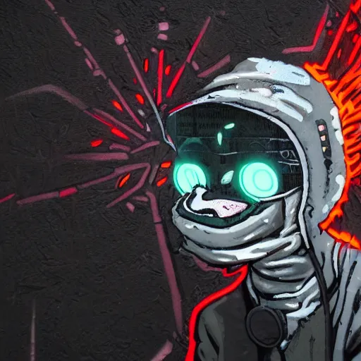 Image similar to in the style of max prentis and deathburger and laurie greasley a close up of a young explorer wearing a cyberpunk headpiece spraying graffiti on a wall, fish eye lens, highly detailed, 8 k wallpaper