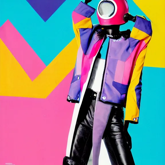 Image similar to model in motorcycle helmet wearing baggy colorful 9 0 s jacket by rick owens. magazine ad. geometric pastel background.