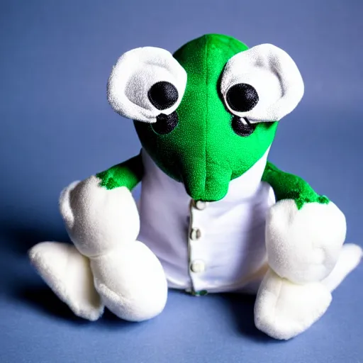 Image similar to stuffed animal frog wearing a sailor suit, plushie photography,