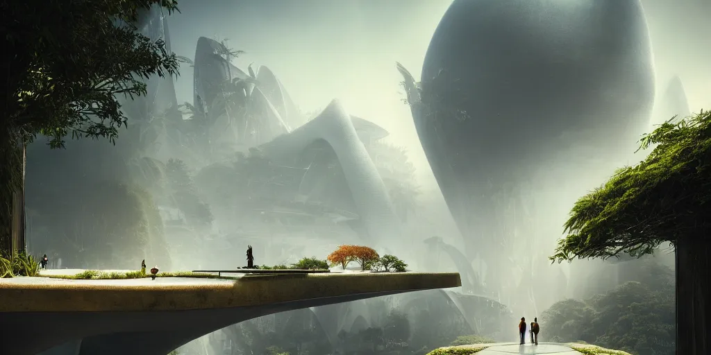 Image similar to garden of eden, by tim blandin and arthur haas and bruce pennington and john schoenherr, big windows architecture by zaha hadid, octane render, warm colour scheme, white, cinematic, scenery, cgsociety, modernism, futuristic, trending on artstation, sci - fi, high detail, high quality, close up angle, people walking