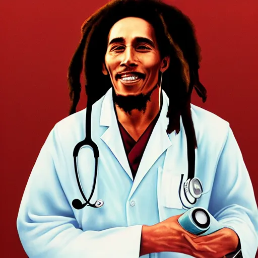Image similar to bob marley in scrubs as a doctor, trending on artstation