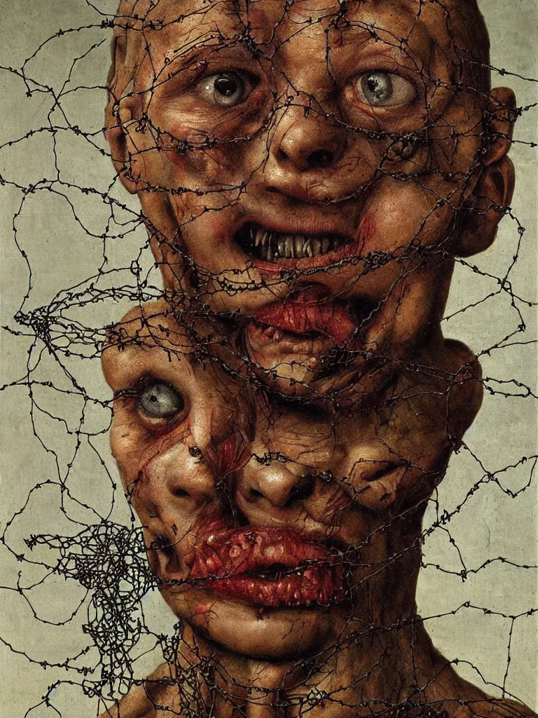 Prompt: a boy made of barbed wire looking into camera, screaming in pain, by giuseppe arcimboldo and ambrosius benson, renaissance, intricate and intense oil paint, a touch of beksinski and hr giger and edward munch, realistic