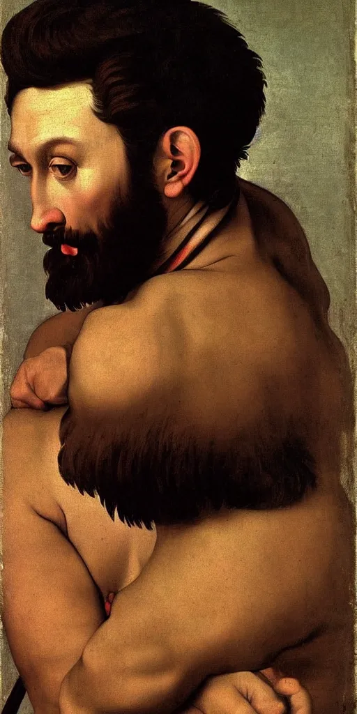 Image similar to midle-aged gigachad with thick eyebrows, short brown hair and short beard, very detailed, smooth, realistic, painted by Caravaggio, painted by Buguereau