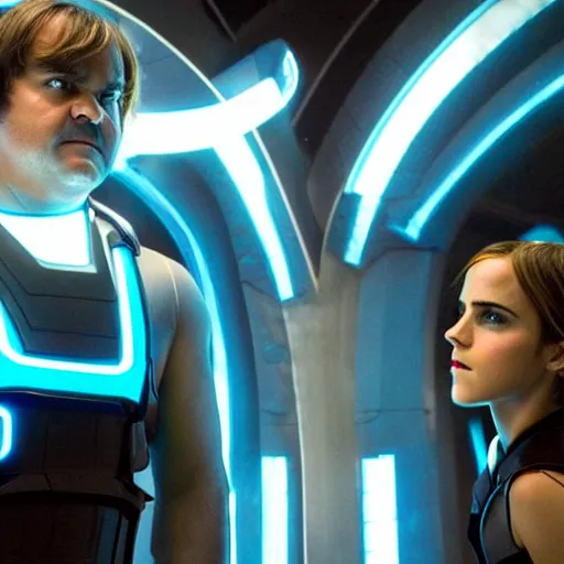 Image similar to emma watson and jack black in the movie tron legacy ( 2 0 1 0 ), cinematic, film still