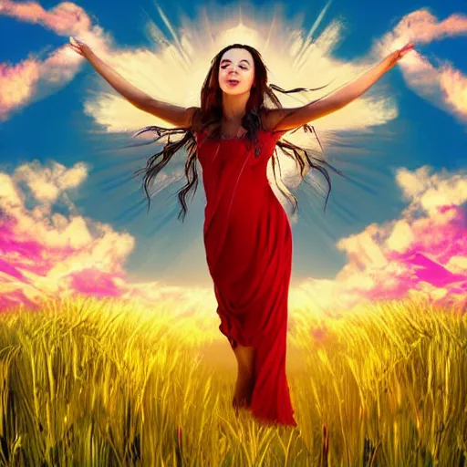 Image similar to absolutely stunning beautiful virgin dancing in summer field in dramatic lighting then dramatic shadows, dramatic details, dramatic zoom, dramatic lenses, dramatic f/x, dramatic everything, trendind everywhere, dramatic award winning dramatic digital art