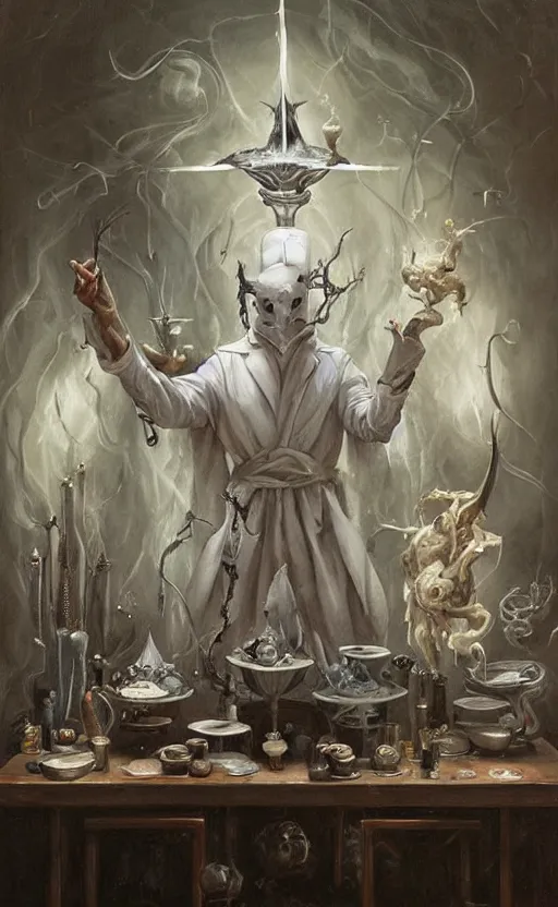 Prompt: a painting of a white robed magician behind a table, right hand points up holding a wand, left hand points down, cup, sword, pentacle, wand, a surrealist painting by marco mazzoni, peter mohrbacher, nychos, cgsociety, neo - figurative, detailed painting, rococo, oil on canvas, biomorphic, lovecraftian