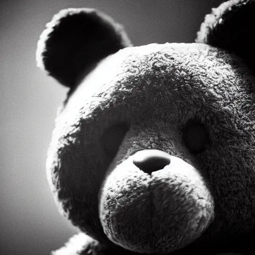 Image similar to Portrait studio photograph of Kanye West with a anthropomorphic teddy bear, close up, shallow depth of field, in the style of Felice Beato, Noir film still, 40mm