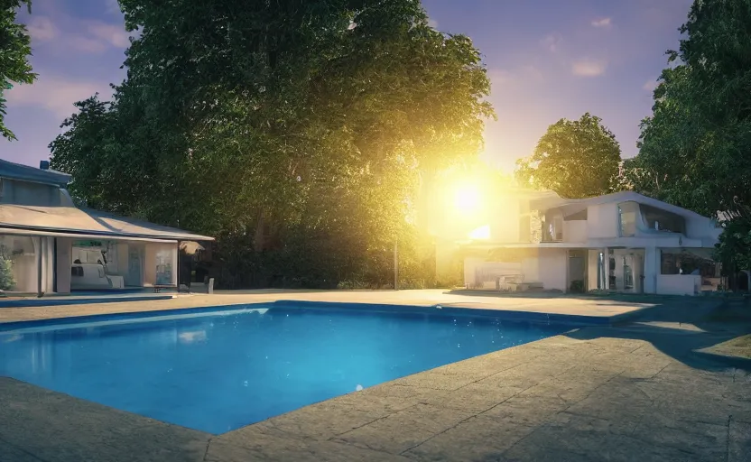 Prompt: a vw beetle parked near a modern small house with a pool at sunrise, concept art, octane render, unreal engine 5, trending on artstation, high quality, highly detailed, 8 k, soft lighting, path traced, godrays, lens flare, hyperrealistic, symmetrical, low contrast, digital art, beautiful, elegant