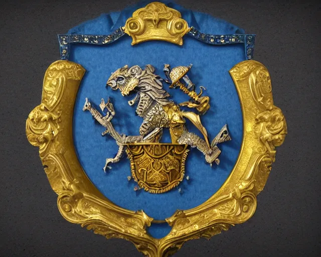 Prompt: heraldic coat of arms frame made of gold and blue crystal, gloomy and foggy atmosphere, octane render, rembrandt, cgsociety, artstation trending, horror scene, highly detailded