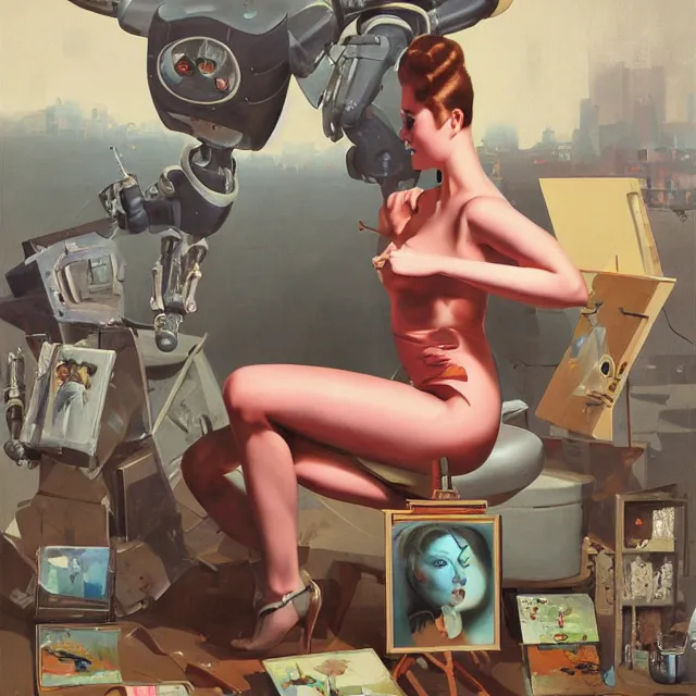 Image similar to robot artist painting a self - portrait on a canvas. detailed digital matte painting in the style of gil elvgren and in the style of wayne barlowe. irony, recursion, inspiration.