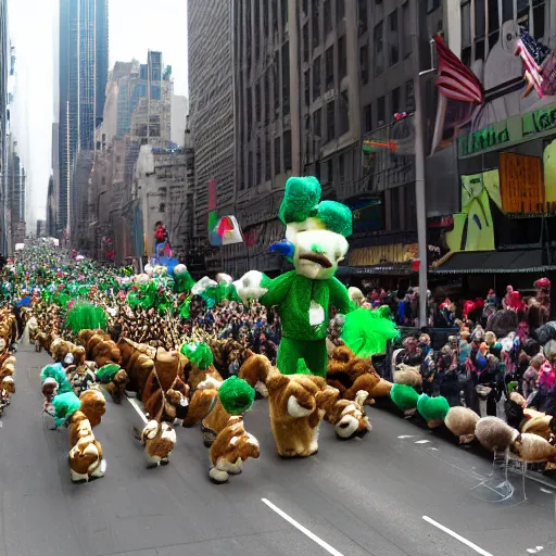 Image similar to a parade of stuffed animals marching down 5 th ave manhattan on st. patrick's day, 8 k, photo realistic, extremely life like