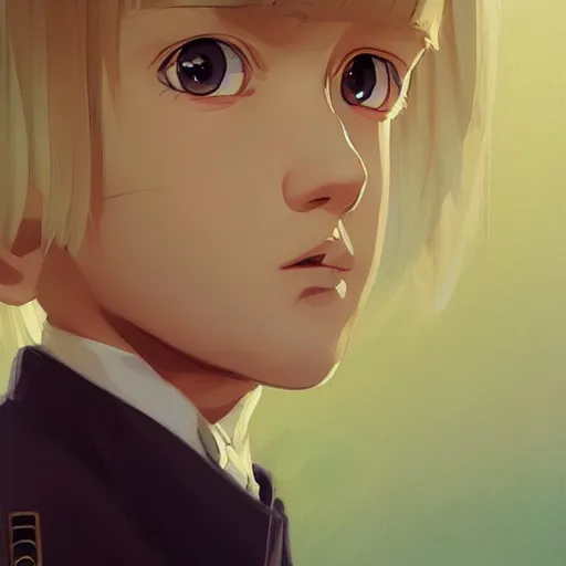 Image similar to portrait of blonde little boy wearing nazi uniform by ilya kuvshinov and anna dittmann and studio ghibli and wlop and rossdraws, digital art, trending on artstation, anime arts, featured on pixiv, red lighting, hd, 8 k, highly detailed, good lighting, beautiful, epic, masterpiece, nazi chiq