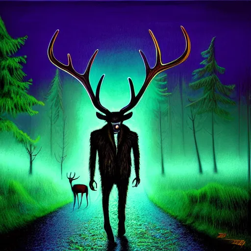 Prompt: Tim Jacobus Goosebumps art painting, Wendigo monster with deer skull face, antlers, furry brown body, tall and lanky skinny, walking through a suburb, night time, purple, green and blue colors, bright colors and saturation, ominous lighting, spooky, foggy, fog