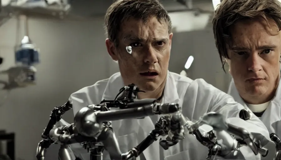 Image similar to big budget action movie about science lab with a demonic battle cyborg