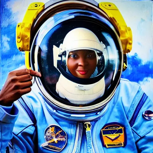 Image similar to “nigerian female astronaut on board international space station wearing space suit and translucent helmet, highly detailed, fish eye lens, in the style of Edward hooper oil painting”