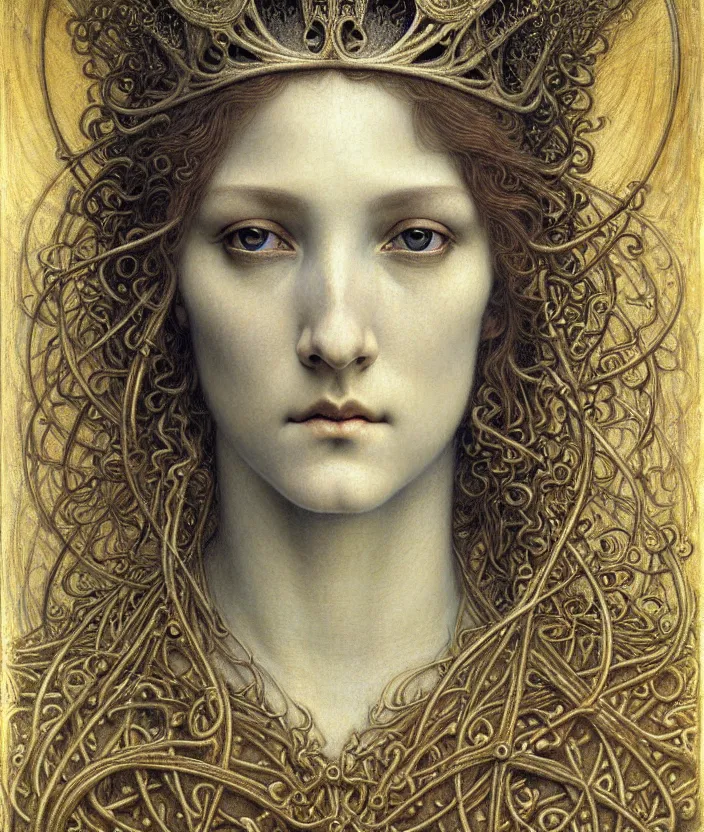 Image similar to detailed realistic beautiful young medieval queen face portrait by jean delville, gustave dore and marco mazzoni, art nouveau, symbolist, visionary, gothic, pre - raphaelite. horizontal symmetry