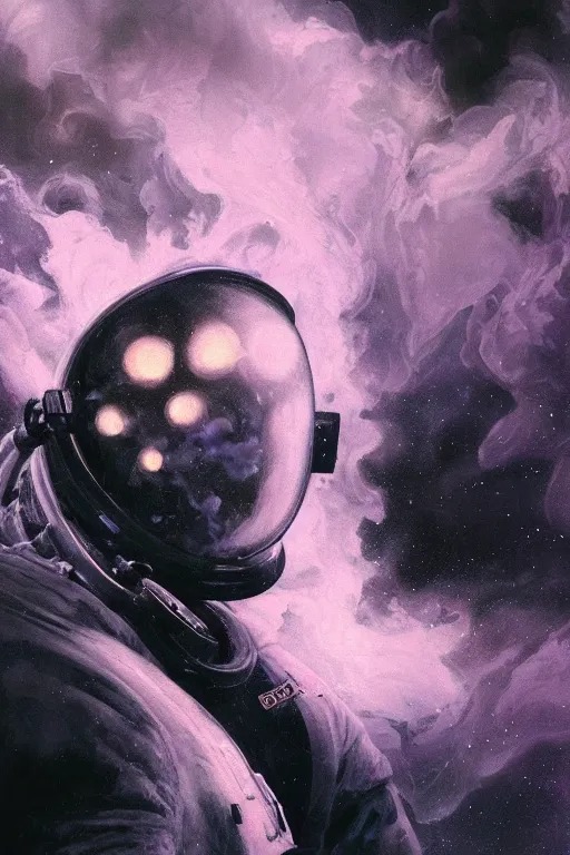 Image similar to close up shot of a full body floating astronaut portrait smoke elemental fading into white smoke, high contrast, james gurney, peter mohrbacher, mike mignola, black paper, mandelbulb fractal, trending on artstation, exquisite detail perfect, large brush strokes, bold pinks and blues tones, intricate ink illustration, black background