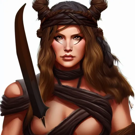 Prompt: head and shoulders portrait of a barbarian, female, d & d, high fantasy, by artgerm, behance hd, shutterstock, clean cel shaded vector art illustration,