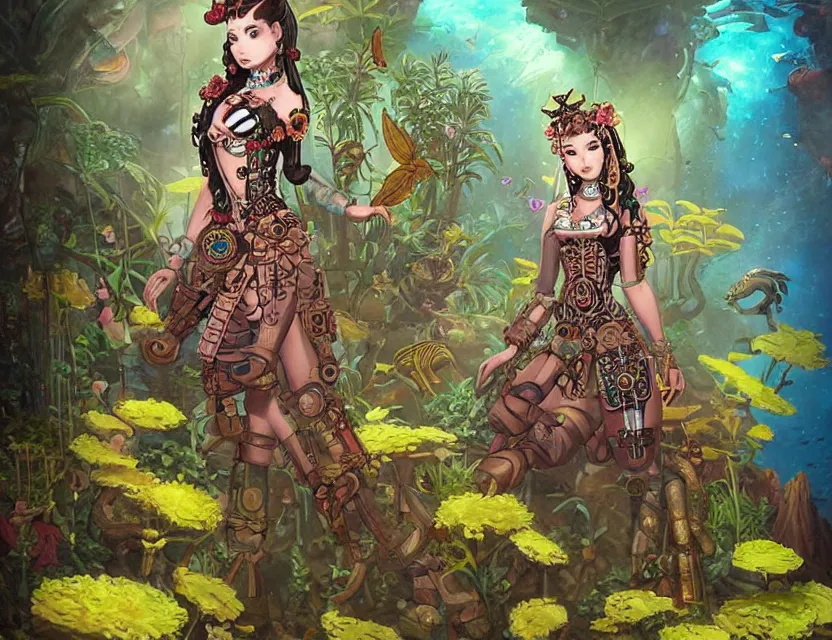 Prompt: aztec scifi princess in a planted aquarium, wearing a lovely dress with steampunk elements. this oil painting by the award - winning mangaka has an interesting color scheme and impeccable lighting.