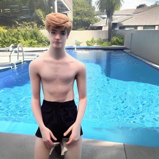 Image similar to “a realistic detailed photo of a guy who is an attractive humanoid who is half robot and half humanoid, who is a male android, twitch streamer Ninja Tyler Blevins, shiny skin, posing like a statue, blank stare, by the pool as a pool boy , display”