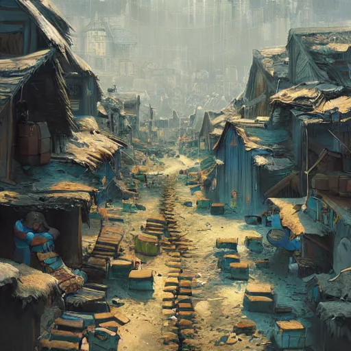 Image similar to smurf village as slums, greg rutkowski, detailed,