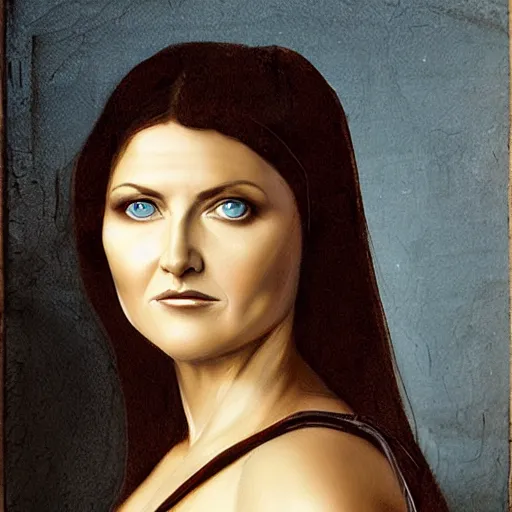 Prompt: a striking hyper real painting of Lucy Lawless by da Vinci.