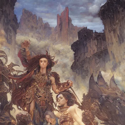 Image similar to disasterpiece Peloponnese war Gods watching above, by Edgar Maxence and Ross Tran and Michael Whelan and baroque gothic medieval oil painting, intricate line drawings, by Edgar Maxence and Ross Tran and Michael Whelan, 4k resolution