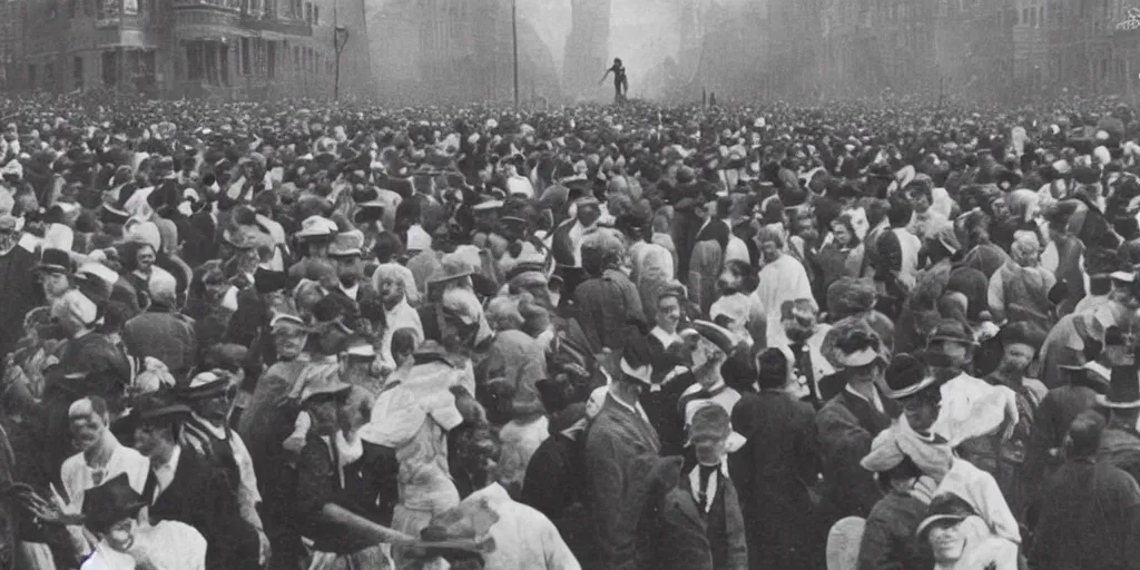 Image similar to scary unproportionable tall ghost creature in the middle of a crowd, 1900s picture