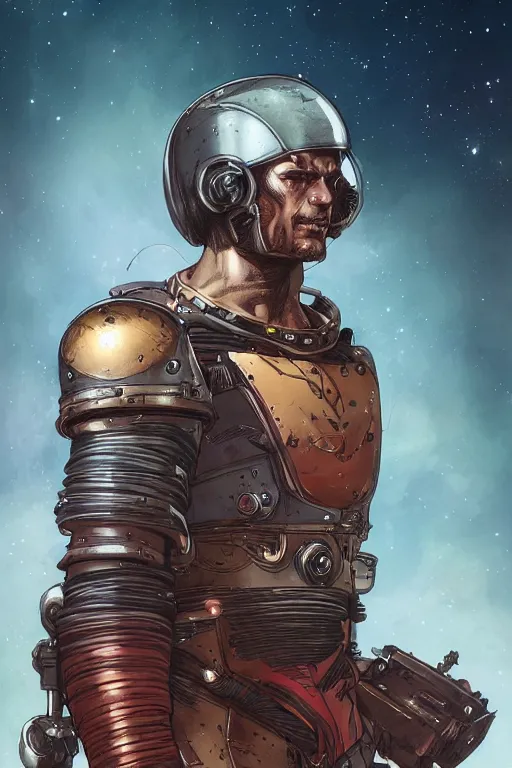 Image similar to Portrait of space pirate warrior near spaceship, metabaron, highly detailed, digital painting, artstation, concept art, smooth, sharp focus, illustration, art by Juan Giménez and moebius