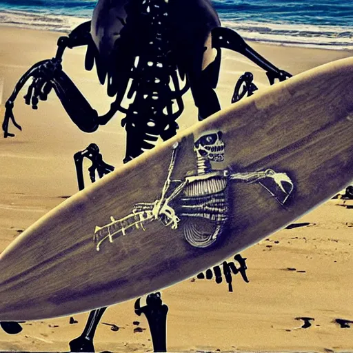 Prompt: steampunk skeleton riding a surfboard 4k hd