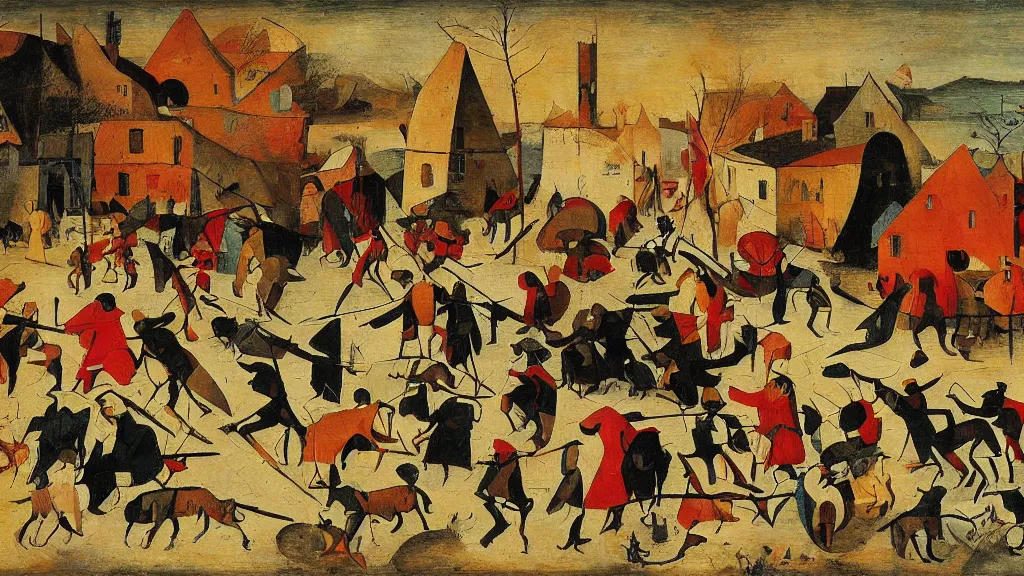 Image similar to abstract primitivism minimalism art painting, lines, forms, shapes, in style of pieter bruegel the elder