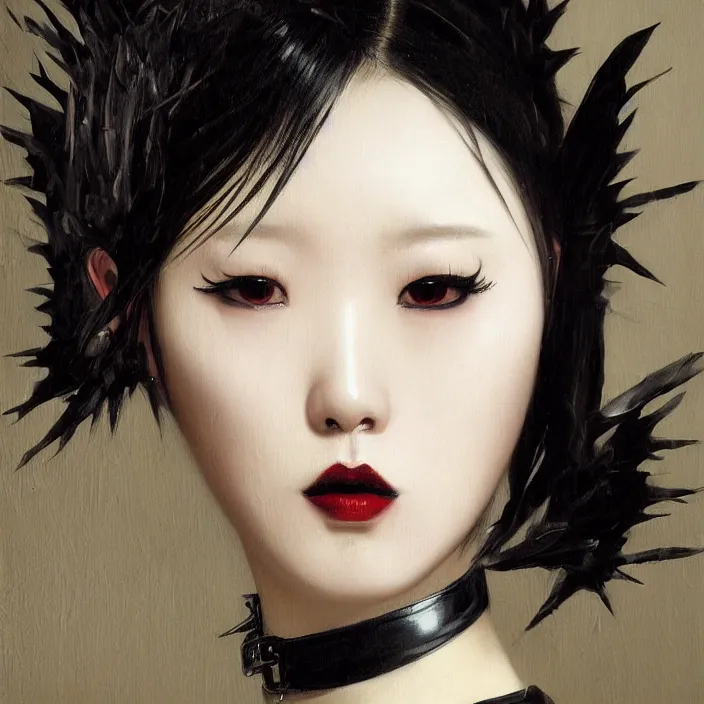 Prompt: korean goth girl, spikes, latex, intricate, oil painting, sfumato, hyperrealistic, detailed, smooth, very smooth, brushwork, sharp focus, mood lighting, concept art, by caravaggio, by vermeer, by rembrandt