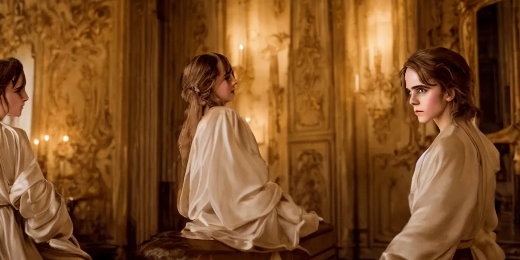 Image similar to portrait closeup Emma Watson long hair flowing silk robes baroque room candles mirrors cinematic lighting stanley kubrick barry lyndon 4k canon 5d mk4 colour