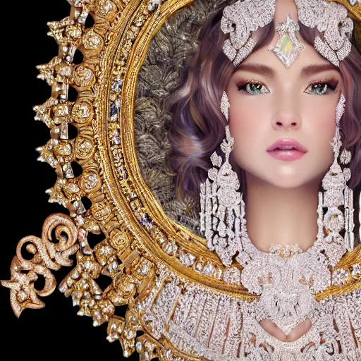 Image similar to portrait of pretty princess with perfect skin, glowing, ornate and intricate diamond jewelry, jaw dropping beauty, ornate and intricate backdrop, white accent lighting, hyper detailed, 4 k octane render