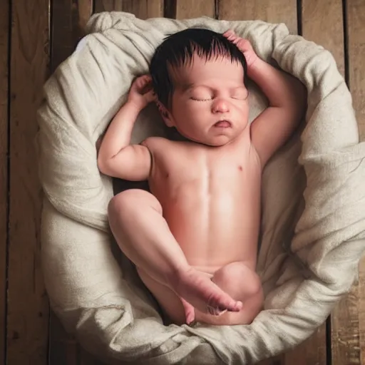 Image similar to huge muscles bodybuilder baby sleeping in a crib, newborn picture, barrel chested, rippling muscles, huge veins, bulging muscles, ripped, award winning photography, high detail