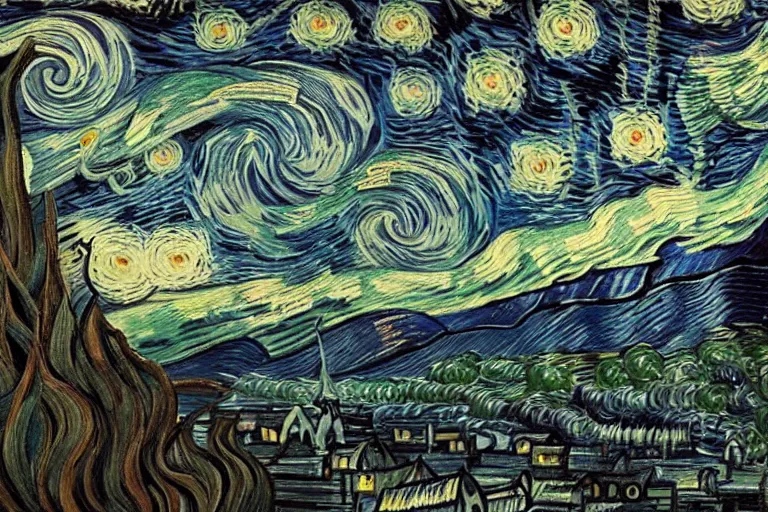 Prompt: man is seeing old god eldritch horror cthulhu terrifying the night sky of a city, epic scene, hyper - detailed, gigantic cthulhu, photo - realistic wallpaper, dark art, van gogh style