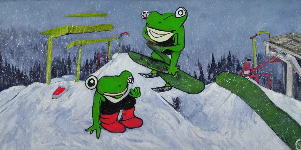 Image similar to pepe the frog snowboarding in terrain park, ramps, half - pipe, gloomy landscape, expressive oil painting by christopher radlund and camille pissaro