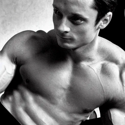 Prompt: elijah wood as arnold schwarzenegger, black and white photograph