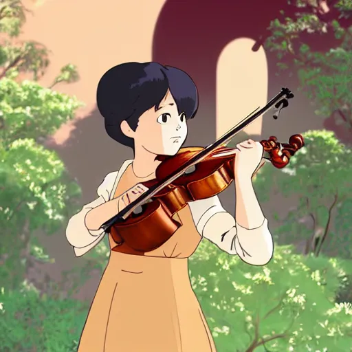 Prompt: cell shaded key visual of a young girl playing the violin in the style of studio ghibli, moebius, makoto shinkai,